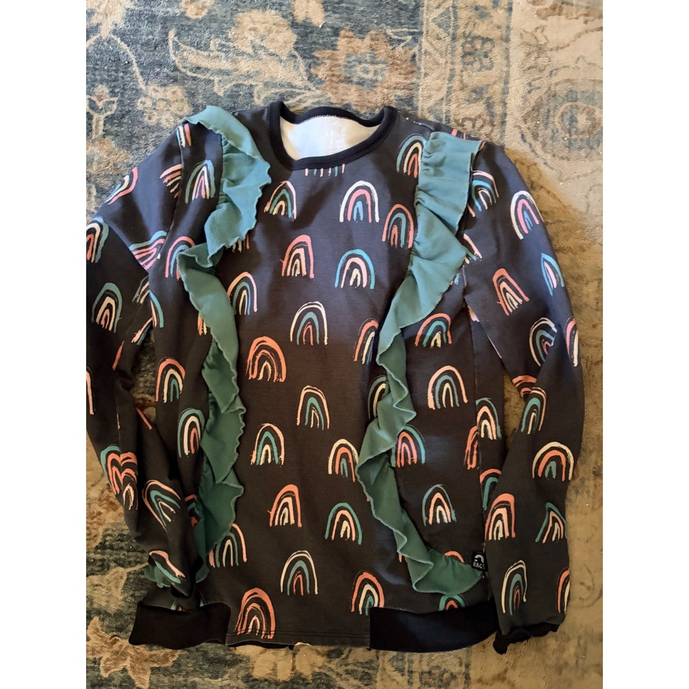 RAGS Kids Ruffle Front Rainbow Print Sweatshirt Charcoal Gray Teal Size 9/10